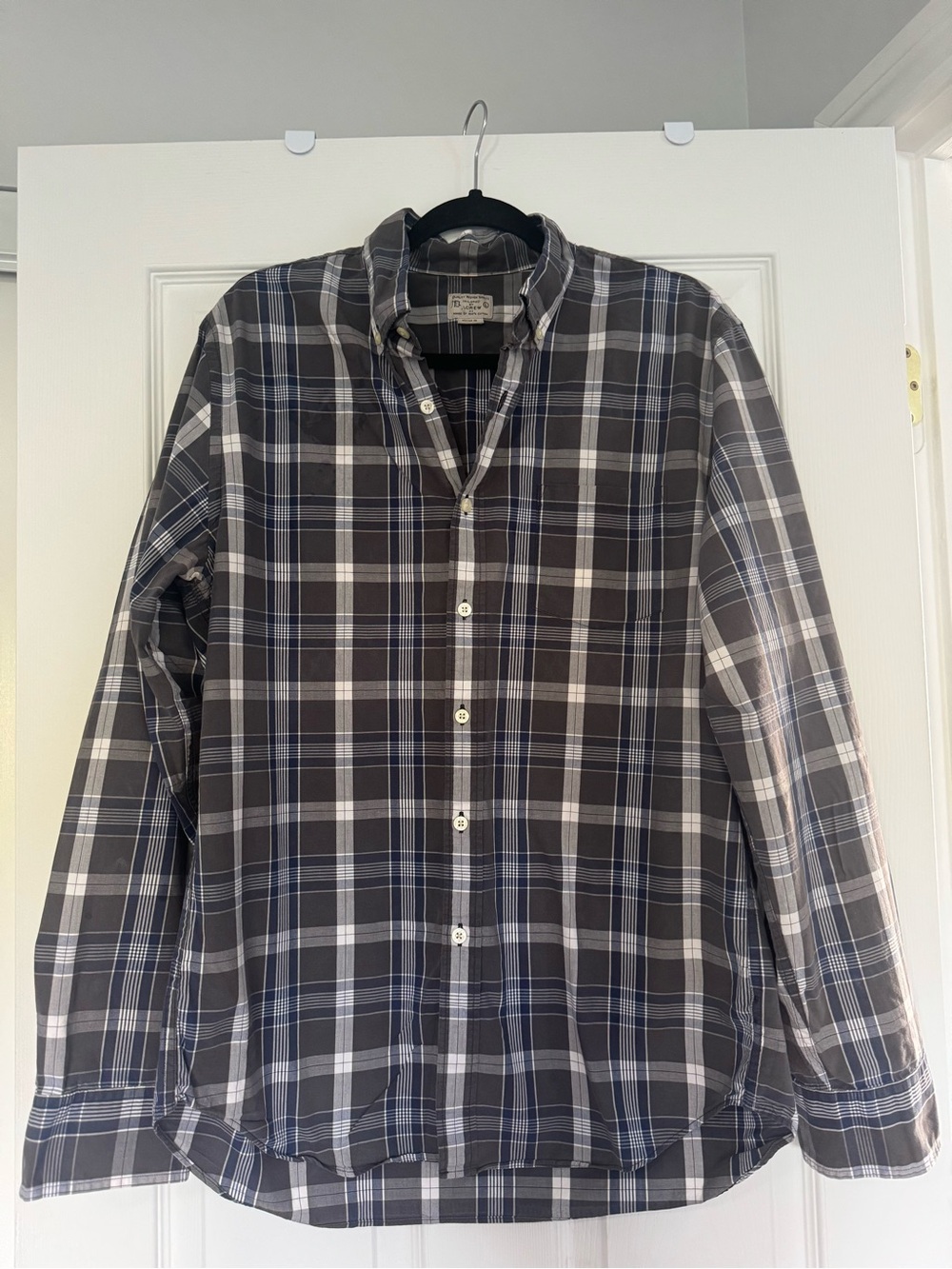 J. Crew Men's Gray and Blue Plaid Button-Down Shirt